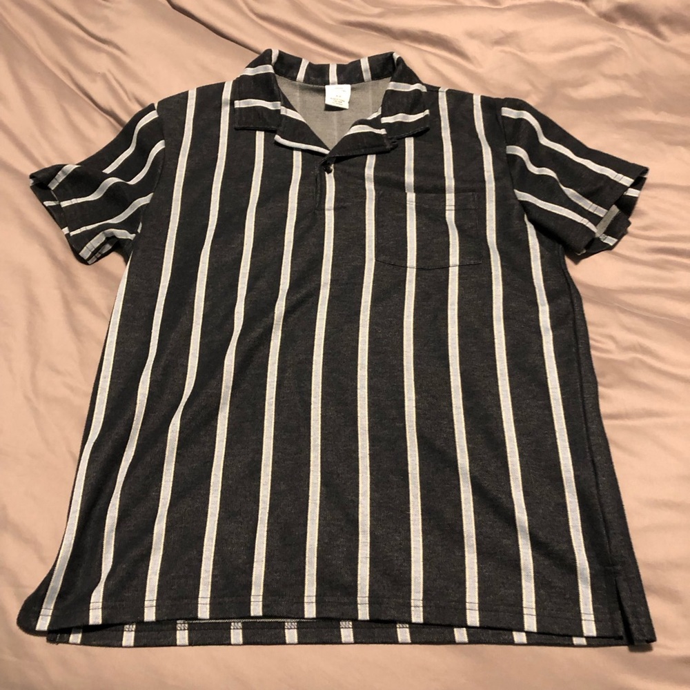 Urban Outfitters Black and White Vertical Stripe Camp Collar Polo